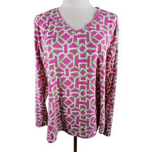 Icikuls Top Sz XL Knit  Pink & Green Geometric Print Long Mesh Sleeve SPF 50